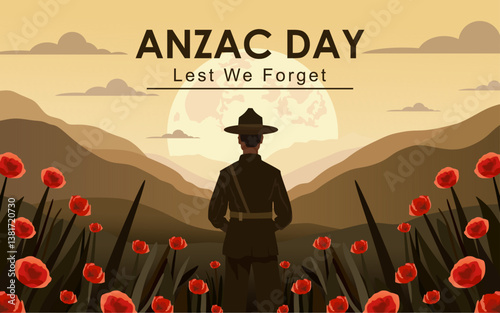 Anzac Day least we forget vector illustration best for card, banner, or poster. Remembrance day symbol. Anzac day background with Australian soldier and beautiful landscape.
