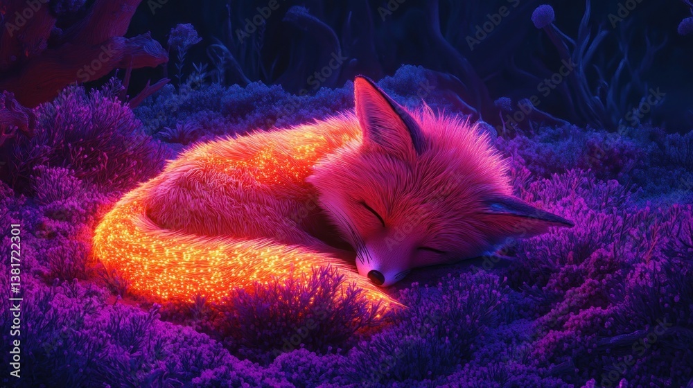Neon Dreams: A Glowing Fox Curled Up in a Mystical Cybernetic Meadow Serenity