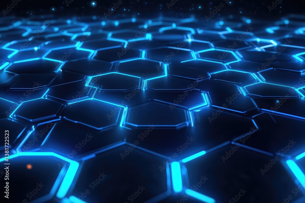 Obraz premium Neon blue hexagons pulse over dark tech grid. AI generated illustration.