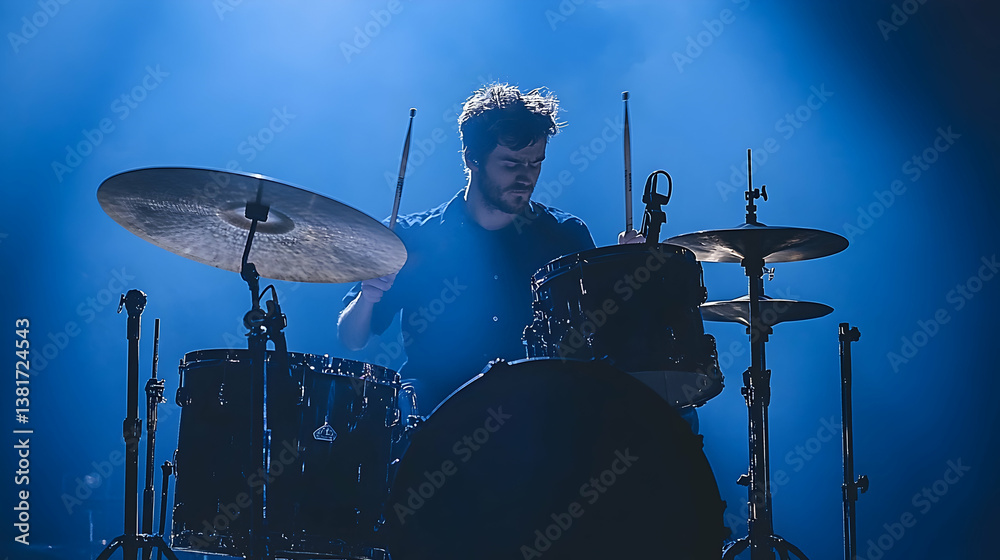 Fototapeta premium Drummer is captured in striking blue light behind a drum kit playing a song Rhythm and beat create art