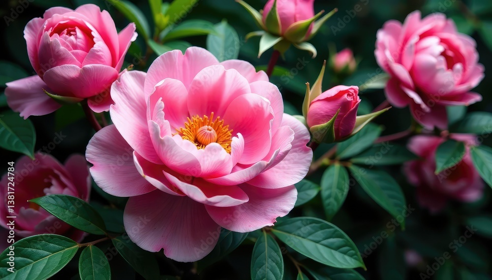 Fototapeta premium Intricate blooming roses & peonies, lush leaves , background, texture