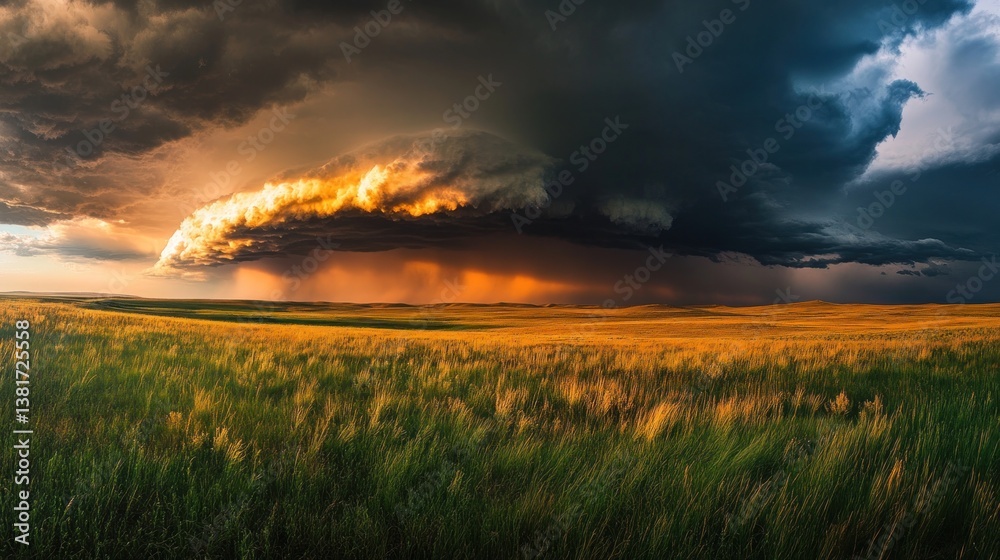 Dramatic Storm Clouds Gathering Over Golden Prairie Landscape at Sunset