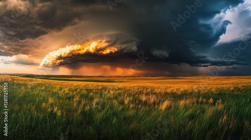 Obraz na płótnie Dramatic Storm Clouds Gathering Over Golden Prairie Landscape at Sunset w salonie