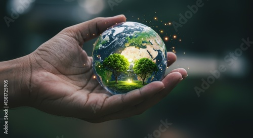 A hand holds a vibrant globe showcasing a lush Earth with glowing light. This symbolizes the importance of environmental awareness and caring for our planet.