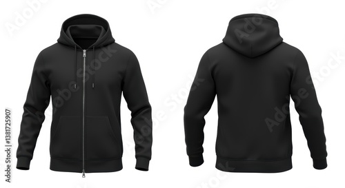 This image features a stylish black zip-up hoodie displayed from both the front and back. The design includes a spacious hood, kangaroo pockets, and ribbed cuffs. Perfect for casual wear or layering.