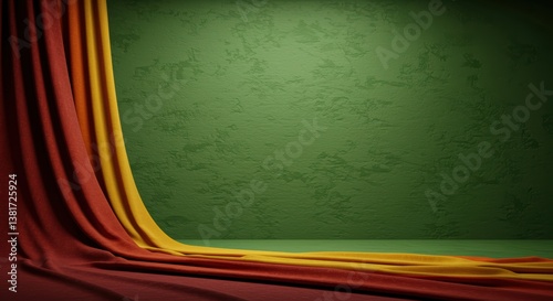A vibrant composition of flowing fabric drapes in rich hues of red, orange, and yellow, elegantly cascading against a textured green wall. Ideal for background use or creative presentations.