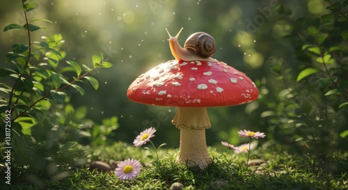A vibrant red mushroom with white specks and a curious snail rests among lush greenery and delicate pink daisies, embodying a whimsical forest scene for nature lovers.