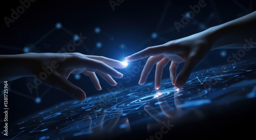 Two hands reach out to connect amidst a glowing digital landscape, symbolizing the fusion of humanity and technology, capturing themes of innovation and connection.