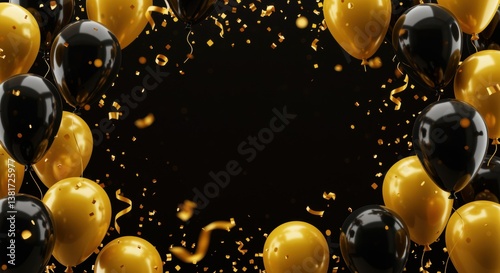 A festive scene of glossy black and gold balloons with vibrant confetti and streamers, perfect for celebration invitations or holiday decorations, radiating joy and excitement.