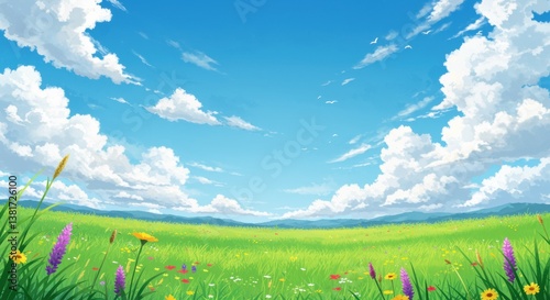 A vibrant meadow blooms with colorful wildflowers and lush green grass beneath a bright blue sky. Soft clouds drift above distant mountains, creating a peaceful atmosphere.