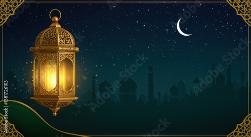 A beautifully designed lantern glows softly against a starry night sky, with ornate building silhouettes in the background, creating a serene ambiance for a cultural celebration.