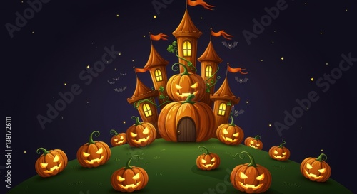 A whimsical Halloween scene featuring a spooky castle adorned with pumpkins. The enchanted pumpkins have grinning faces and are scattered around a grassy hill, illuminated against a dark, starry sky.