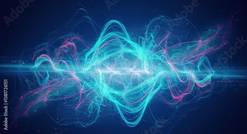 An abstract digital artwork featuring dynamic waves of vibrant blue and pink colors on a dark background, conveying energy and movement, ideal for tech and digital art projects.