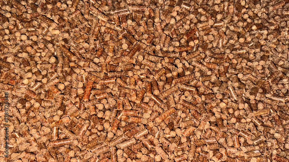 Close-up of brown wood pellets for biomass heating, renewable energy, eco-friendly fuel or sustainable energy resource themes in industrial and home settings
