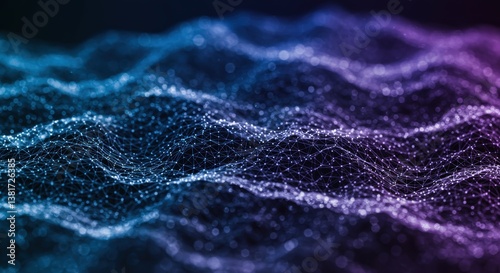 An abstract design of interconnected nodes and waves in stunning blue and purple hues, adorned with shimmering particles, embodying digital connectivity and technology.