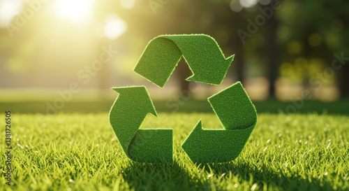 A vibrant green recycling symbol made of grass contrasts beautifully with a soft background of sunlight filtering through trees, highlighting sustainability and eco-awareness.