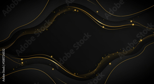 An elegant abstract background with smooth black curves and shimmering golden lines, enhanced by subtle sparkles. Perfect for modern presentations or invitations.