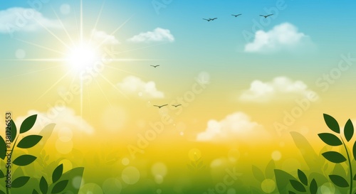 A vibrant landscape with a bright sun, soft clouds, and a gradient sky. Lush green leaves frame the scene, perfect for nature and environmental themes.