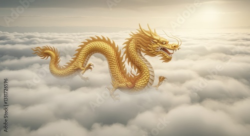 A majestic golden dragon soars through a cloudy sky, its shimmering scales illuminated by sunlight, evoking a sense of power, mystique, and adventure.
