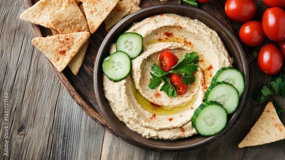 Creamy hummus platter with fresh cucumber slices and pita triangles overhead arrangement