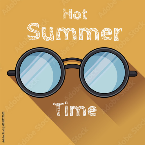 Bright round sunglasses in black frame with blue glasses. Orange background, hot like the midday sun. Perfect for posters, postcards or summer mood merch