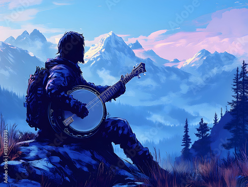 Mountain vista with musician strumming banjo in serene solitude landscape of pastel skies cool blues and mountain rang