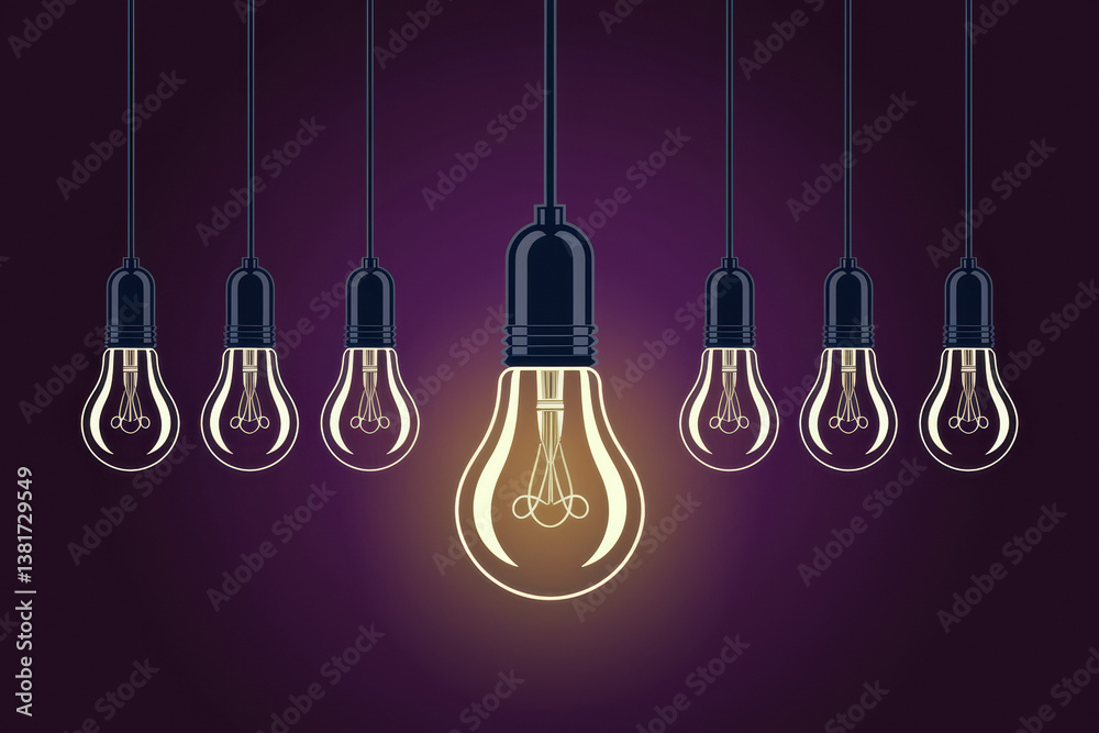 Unique Glowing Light Bulb Surrounded by Dimmed Bulbs in a Purple Background for Creative Inspiration Unique Glowing Light Bulb Surrounded by Dimmed Bulbs in a Purple Background for Creative Inspiration