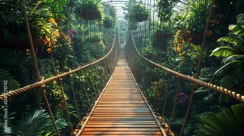Fototapeta Naklejka Na Ścianę i Meble -  Suspended rope bridge walkway indoors with floating wooden planks lush hanging gardens and a high ceiling modern jungle aesthetic