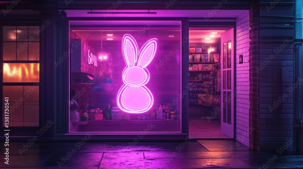 Vibrant neon bunny illuminates a shopfront, casting a radiant glow on the city night