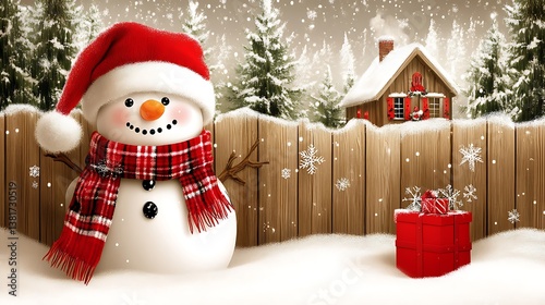 A cheerful snowman stands outside a cozy snow covered cabin