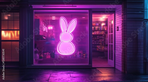 Obraz na płótnie Vibrant neon bunny illuminates a shopfront, casting a radiant glow on the city night w salonie