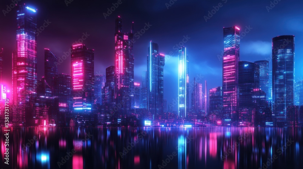 Vibrant cyberpunk metropolis skyline illuminated by neon light reflections