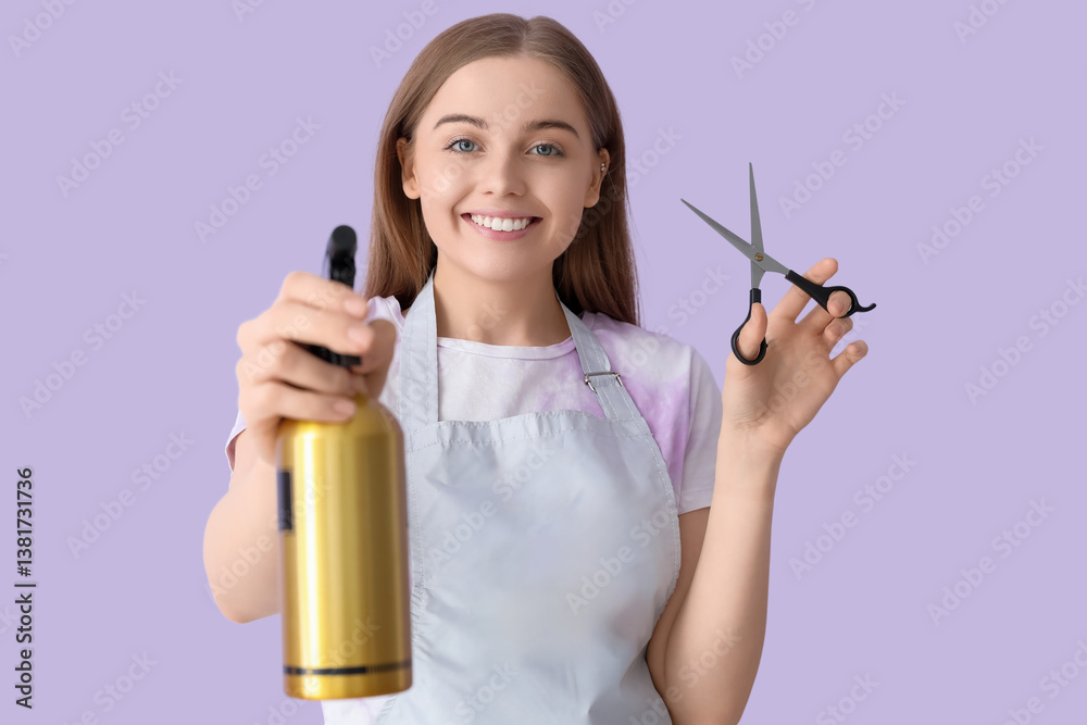 Female hairdresser with scissors and spray on lilac background