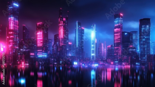 Obraz na płótnie Vibrant cyberpunk metropolis skyline illuminated by neon light reflections w salonie