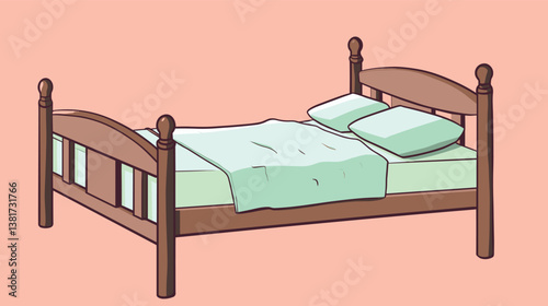 Wooden bed frame with green bedding on peach background