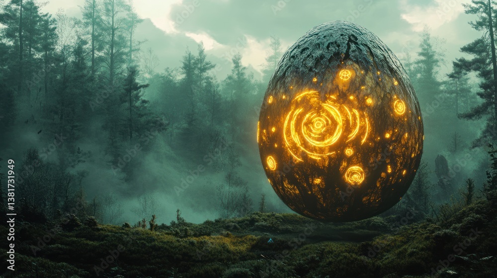 Mystical glowing Easter egg with arcane symbols in a foggy forest landscape