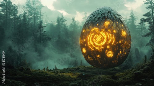Obraz na płótnie Mystical glowing Easter egg with arcane symbols in a foggy forest landscape w salonie