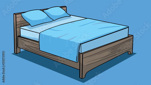 Wooden bed with blue bedding on solid blue background