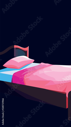 Cozy bedroom setup with pink and blue bedding on wooden bedframe