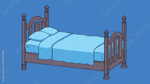 Wooden bed with blue bedding on blue background — comfortable sleep symbol