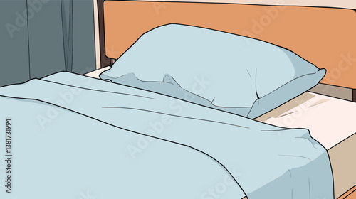 Unmade bed with light blue linens and pillow