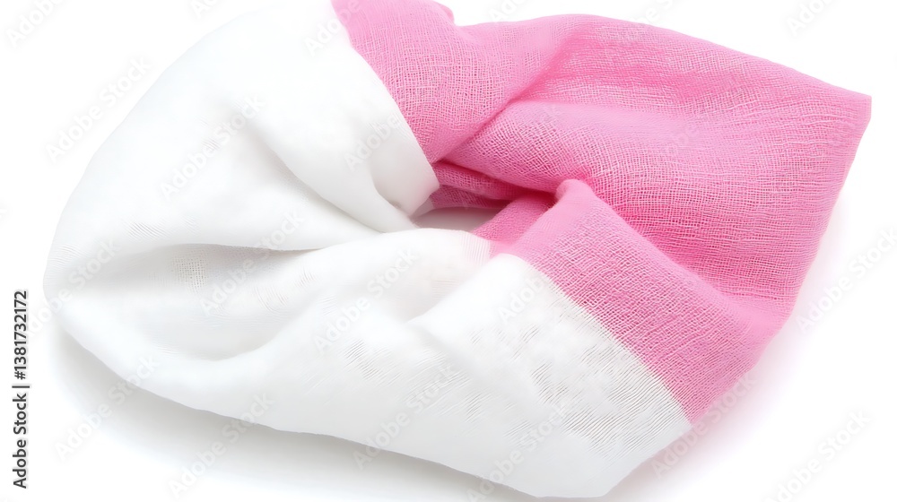 An elegant white and pink fabric twisted on a bright white background An elegant white and pink fabric twisted on a bright white background