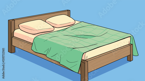 Wooden bed with green blanket and pillows on blue background