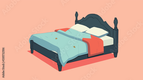 Elegant vintage wooden bed with teal bedding and orange blanket