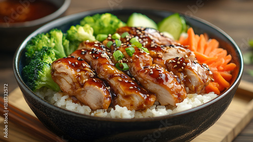 A traditional Japanese donburi bowl with teriyaki chicken rice and steamed vegetables.
