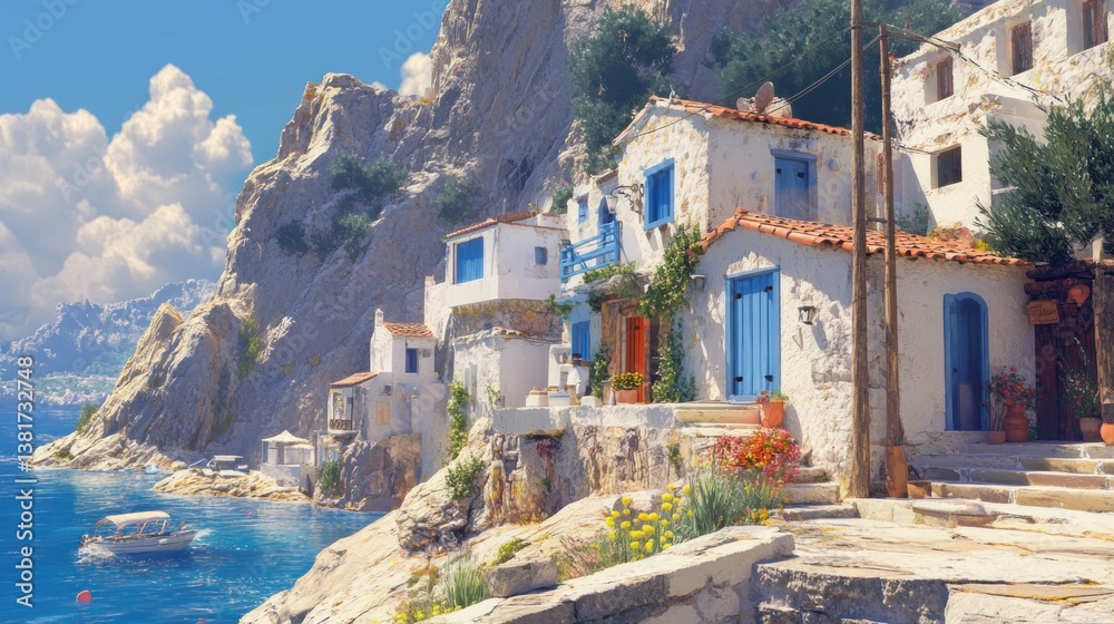 Picturesque Seaside Village nestled against cliffs in a serene coastal setting