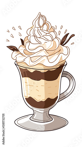 Delicious tiramisu dessert in glass cup with whipped cream and chocolate toppings