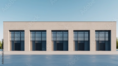 Modern industrial building facade urban location architectural photography clear skies front view minimalist design