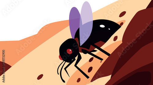 Abstract artistic depiction of black ant with purple wings on sandy brown background