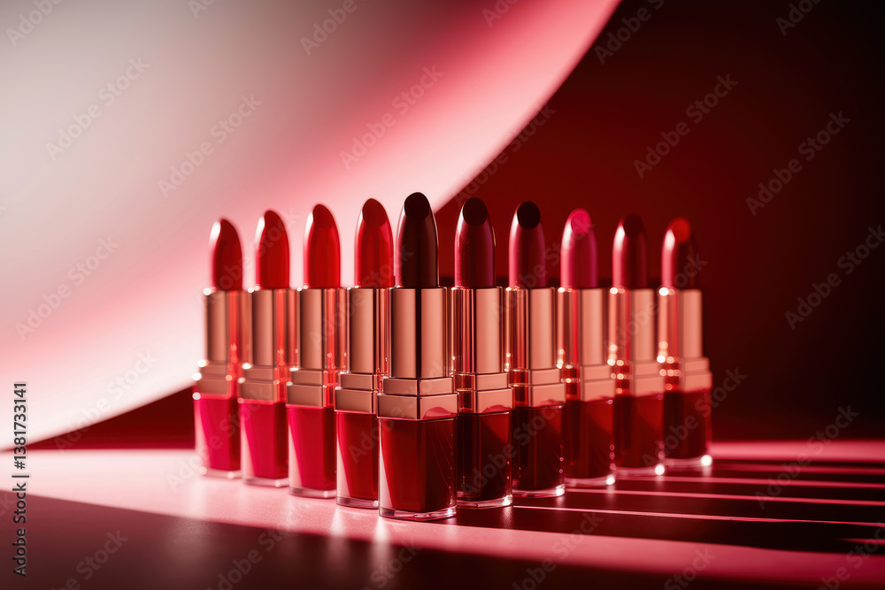 Chic Display of Bold Red Lipsticks in Glamorous Lighting with Warm Pink Hues Chic Display of Bold Red Lipsticks in Glamorous Lighting with Warm Pink Hues
